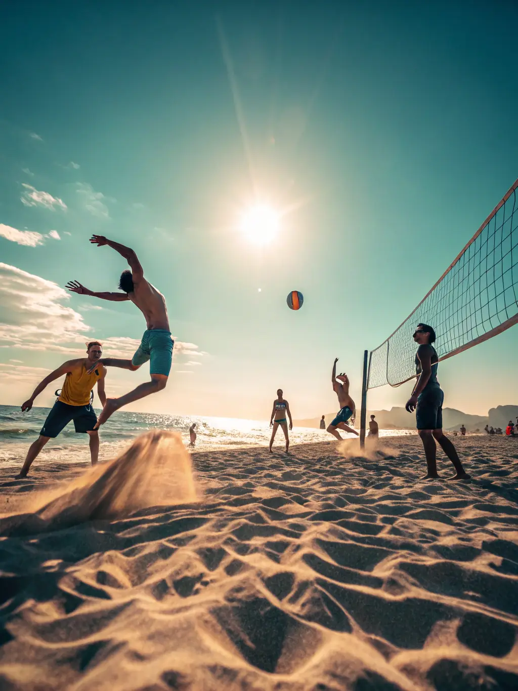 A group of people playing beach volleyball, smiling and having fun in a sunny, outdoor setting, representing LINE UP 14's recreational sports activities.