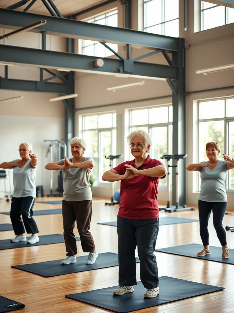 A photo of a group of seniors participating in a gentle exercise class, emphasizing the accessibility and health benefits of the program.