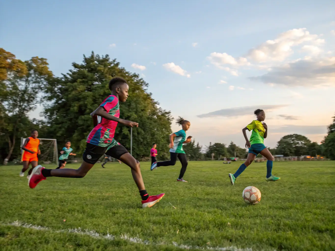 A vibrant image of diverse community members engaging in a friendly soccer match in a local park, showcasing inclusivity and teamwork.