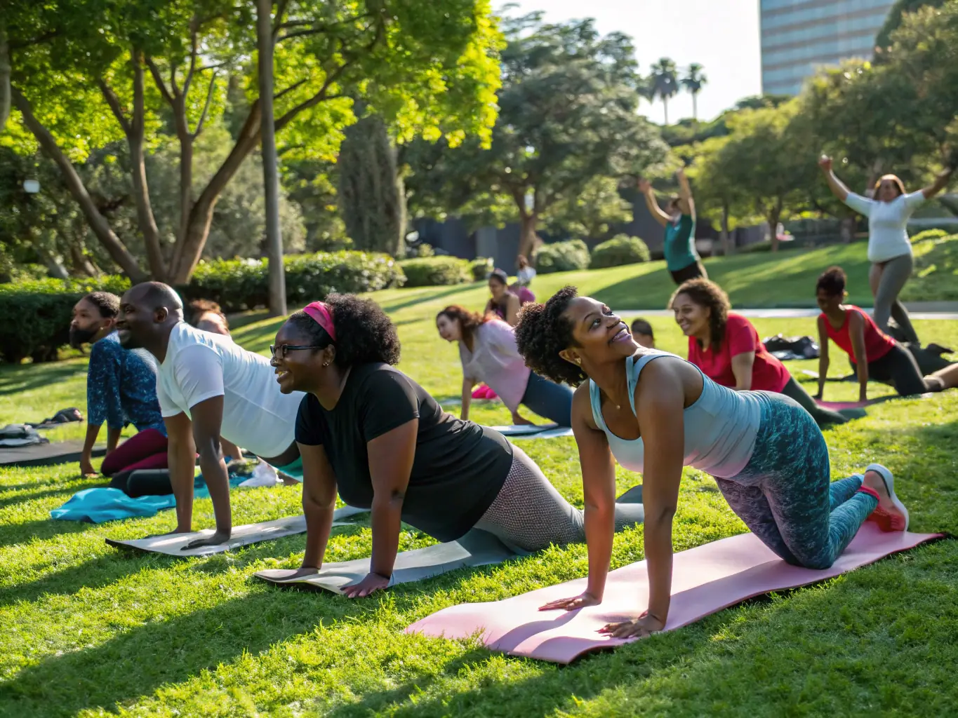 A diverse group of adults participating in a fitness class in an outdoor setting, highlighting the health and wellness benefits of the program.
