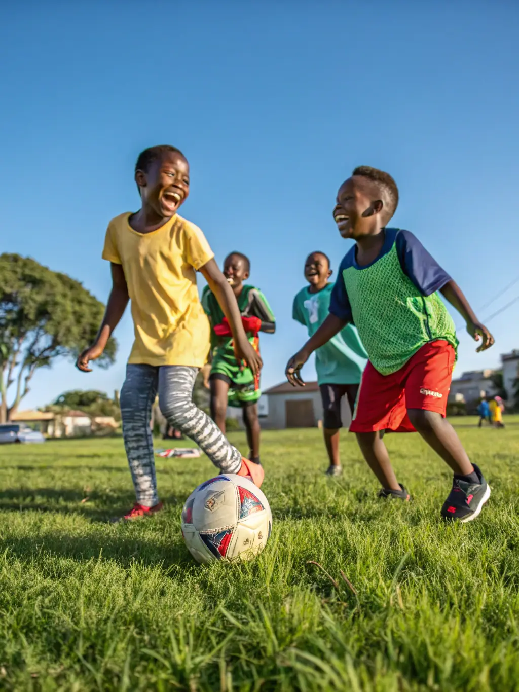A vibrant image of children participating in a soccer game organized by LINE UP 14, showcasing teamwork and fun in a community setting.