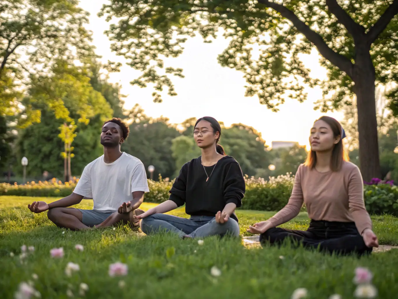 A diverse group of people participating in a community yoga session in a park, emphasizing the inclusivity and wellness aspects of LINE UP 14's programs.