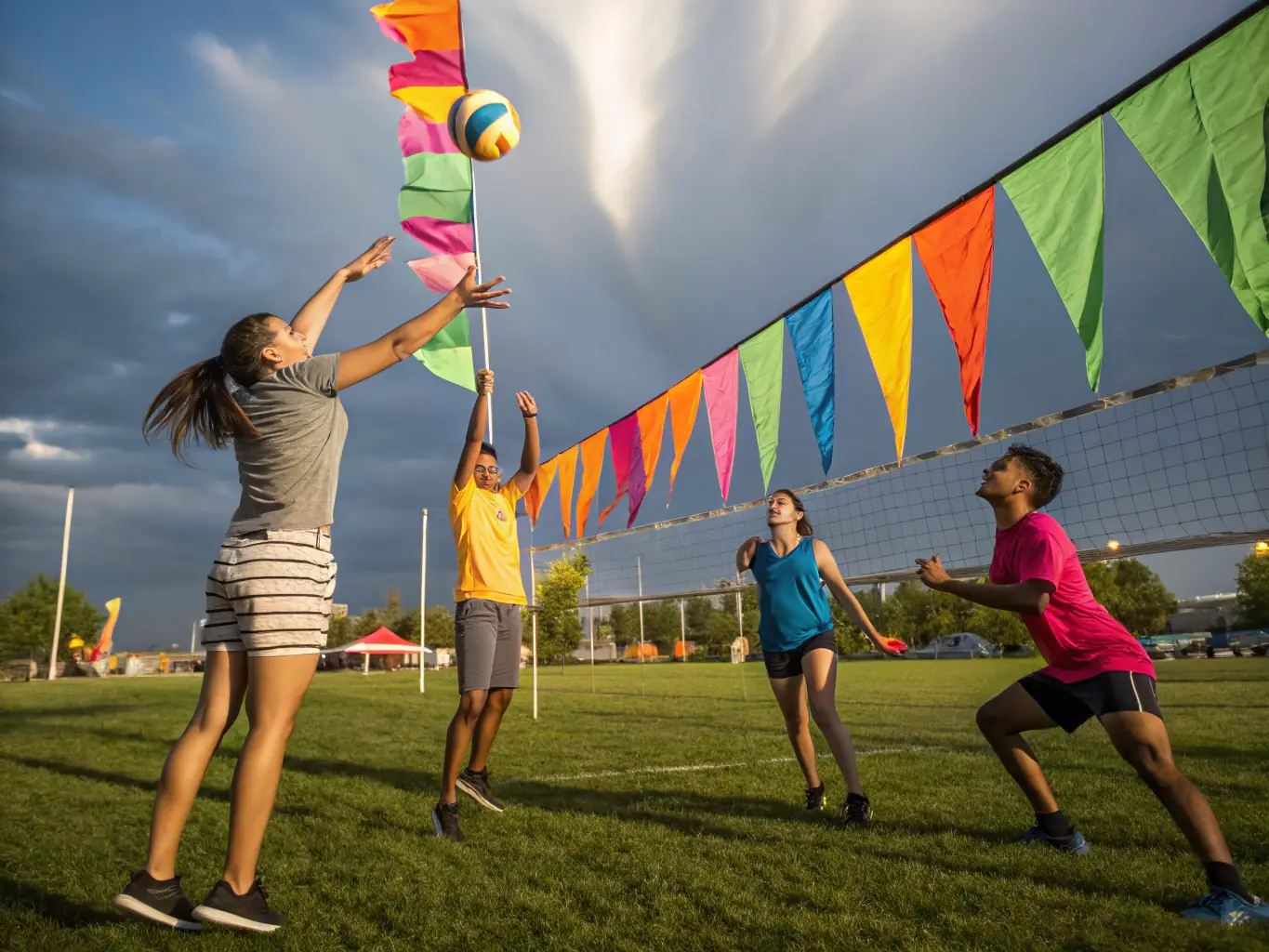 A group of diverse individuals laughing and high-fiving after a volleyball game on a sunny beach, symbolizing the fun and camaraderie fostered by LINE UP 14's events.