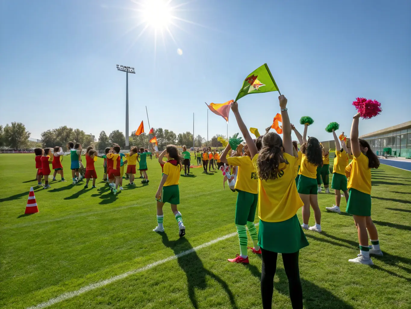 A photograph capturing a group of children smiling and cheering during a sports event organized by LINE UP 14, highlighting the positive impact on youth and community spirit.