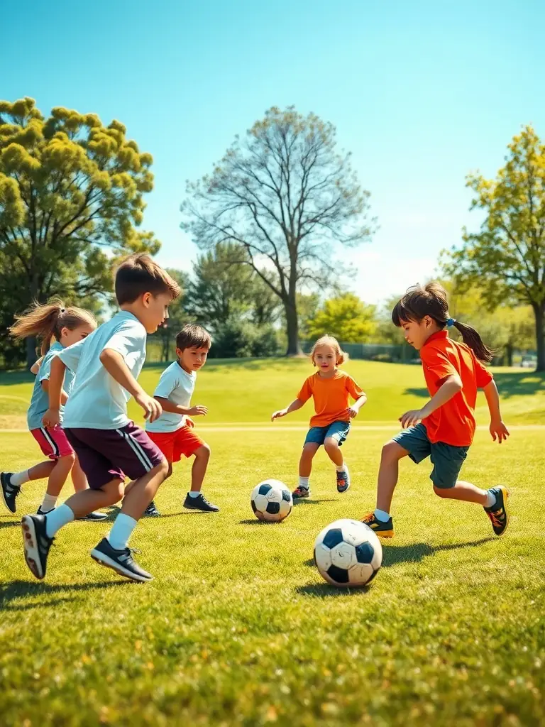 Children playing soccer in a park, coached by an adult, illustrating LINE UP 14's youth sports programs and promotion of physical activity.
