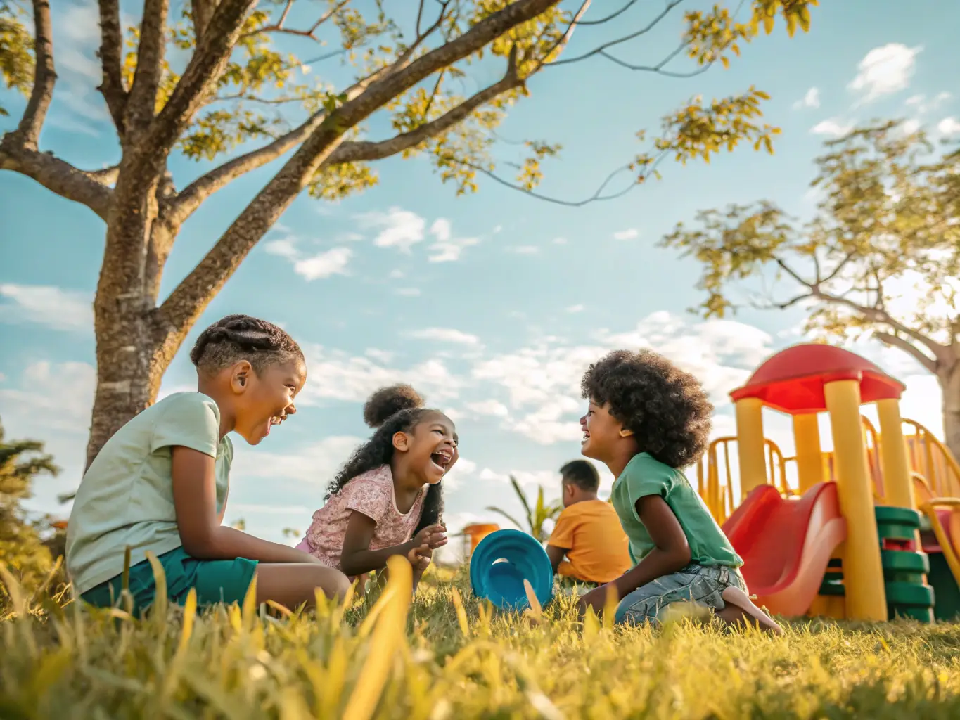 A group of children laughing and playing during a recreational activity at a local park, emphasizing the fun and engaging nature of the program.